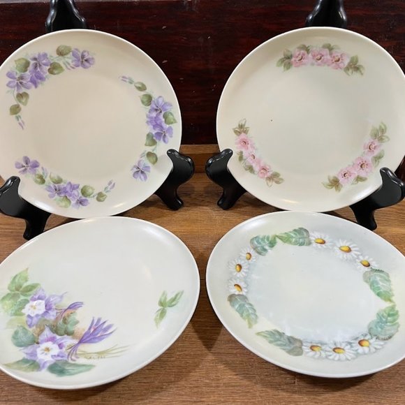 Set of 4 MZ Austria Hand Painted Salad Dessert Plates Daisy Columbine Wild Rose - Picture 1 of 12